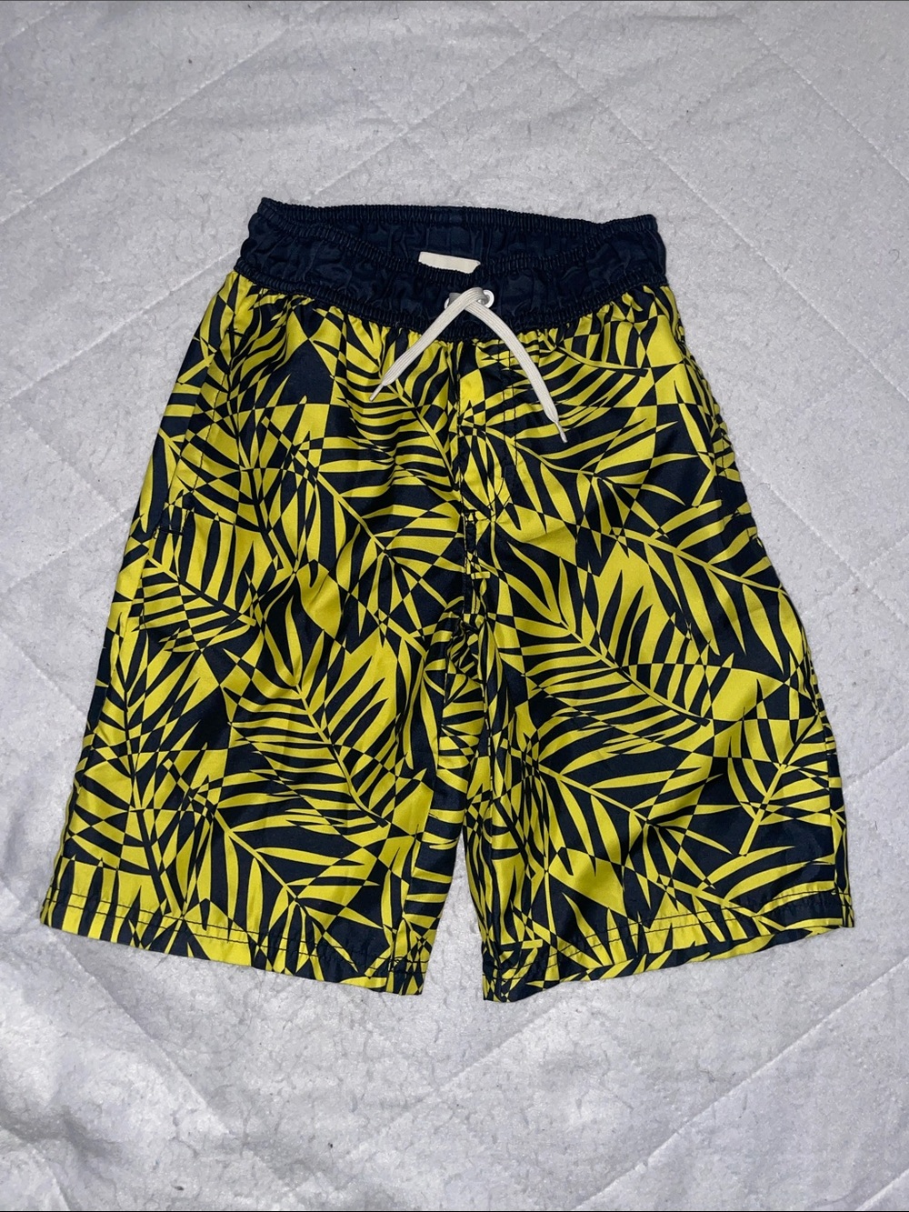 Crazy 8 Boys Yellow & Navy Tropical Leaf Swim Trunks